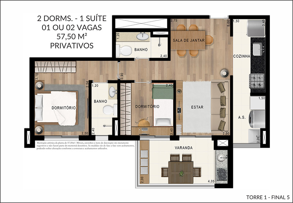 Planta 2 Dorms 57m²