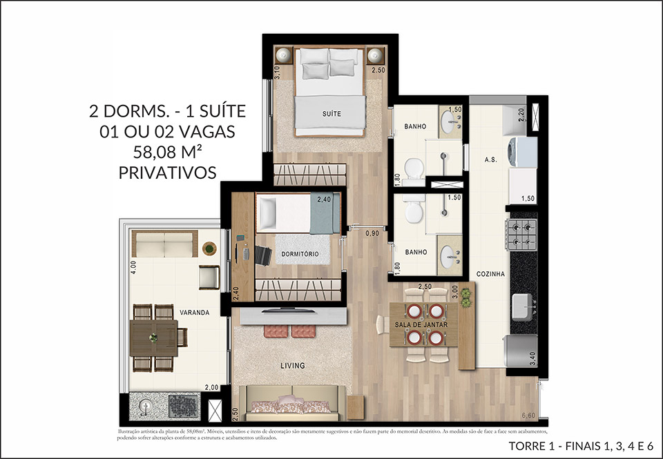 Planta 2 Dorms 58m²