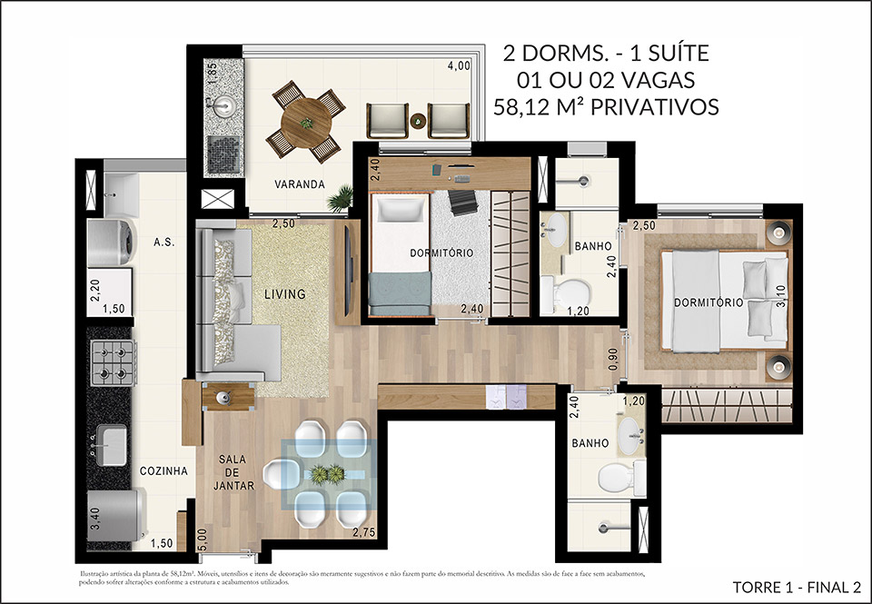 Planta 2 Dorms 58m²